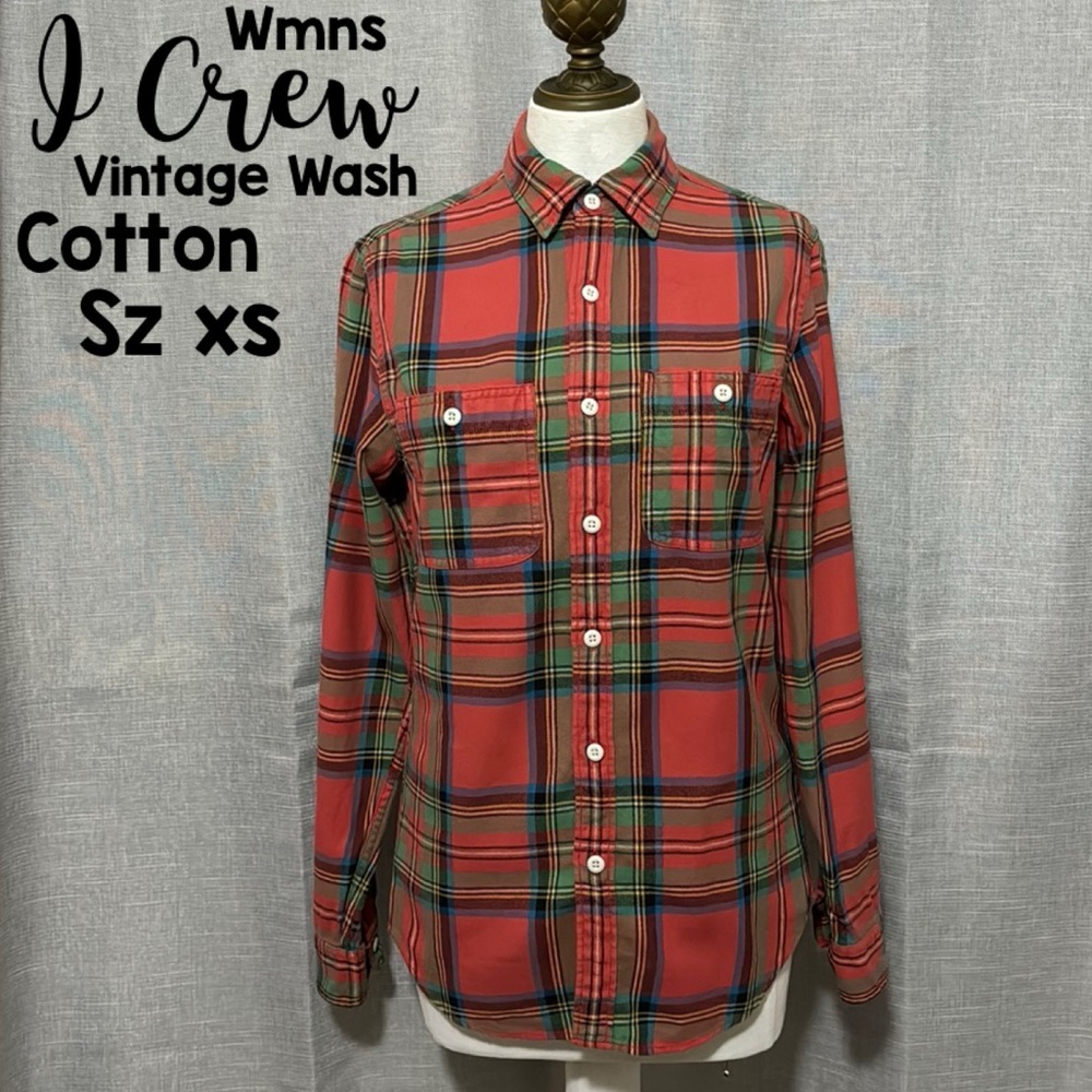 Wmns J Crew Sz XS-Red Holiday Plaid-Cotton-Vintage Faded Wash-EUC